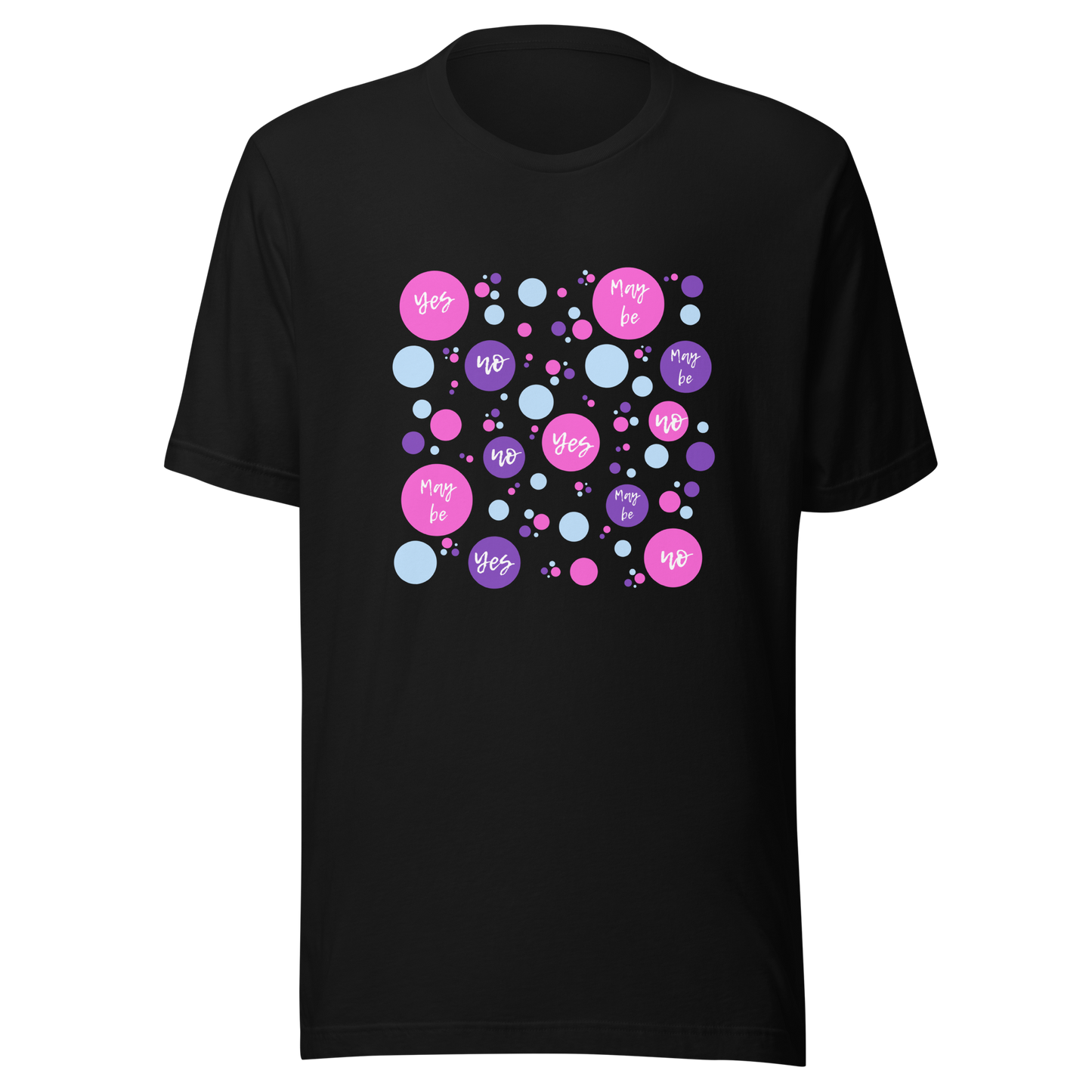 Unisex t-shirt with circles and words "Yes, No, Maybe"