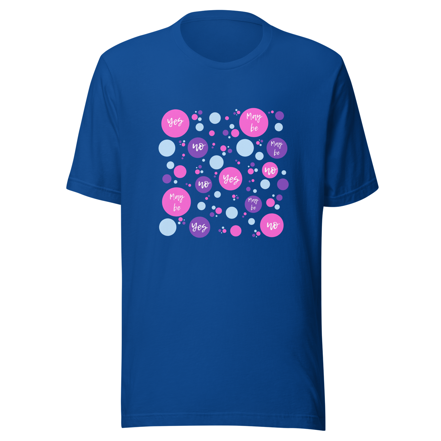 Unisex t-shirt with circles and words "Yes, No, Maybe"