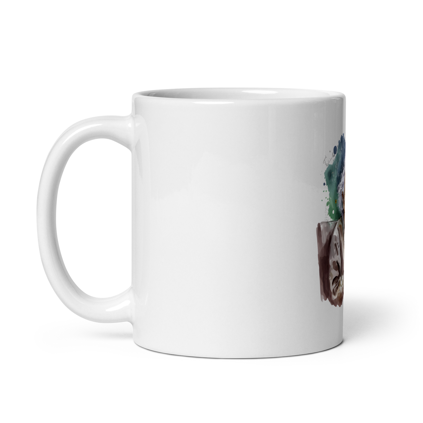 White glossy mug with happy Einstein-programmer