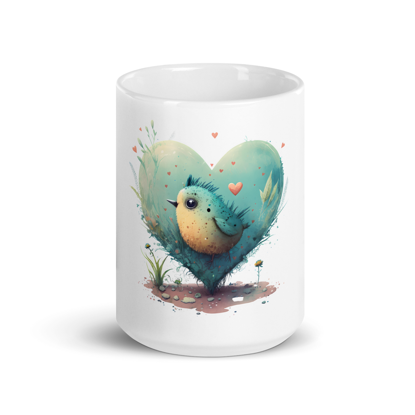 White glossy mug with cute bird in the heart