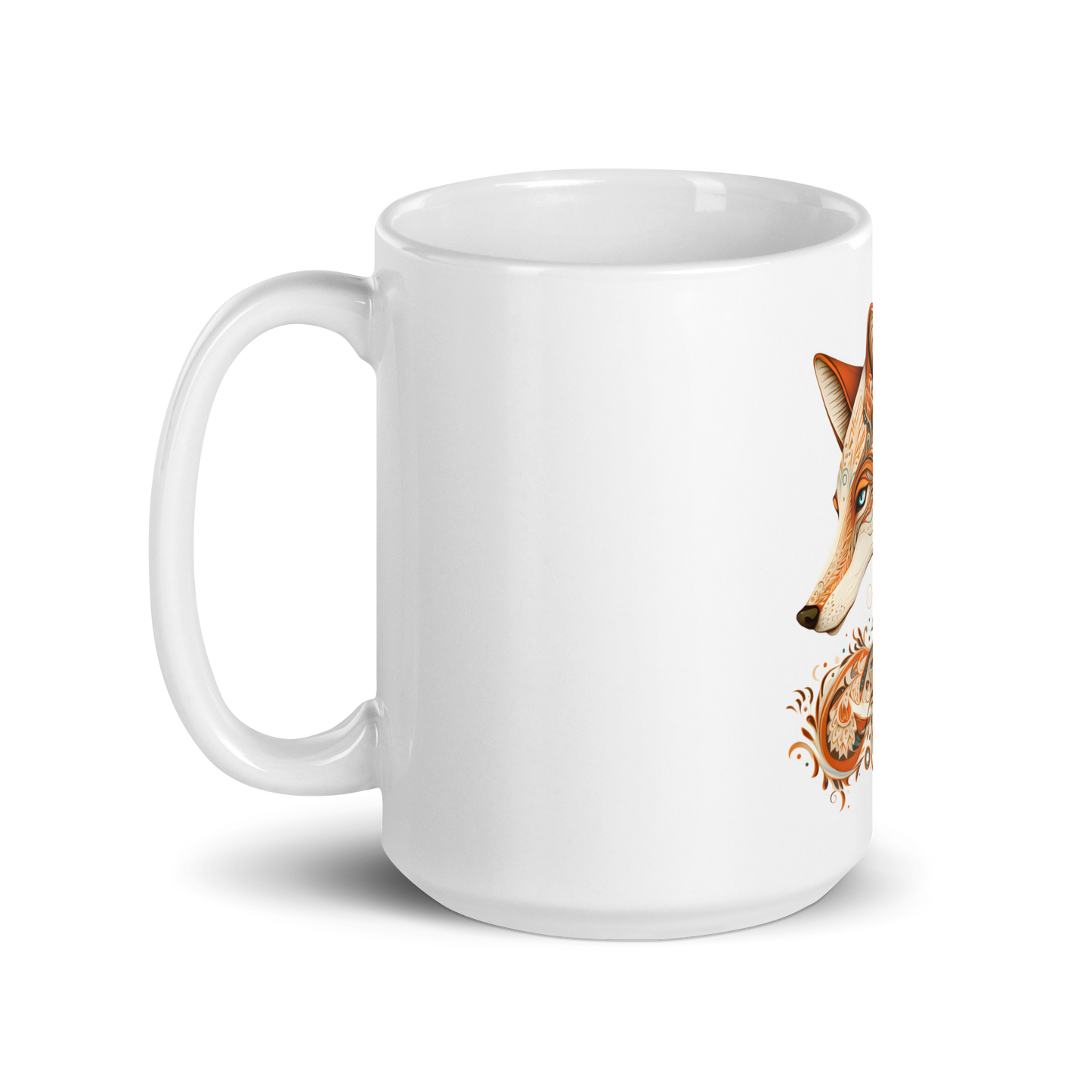 White glossy mug, fox print
