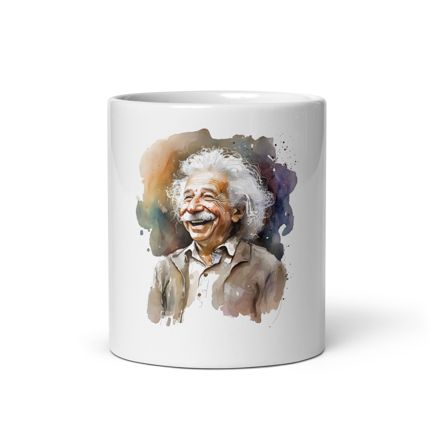 White glossy mug with laughing Einstein