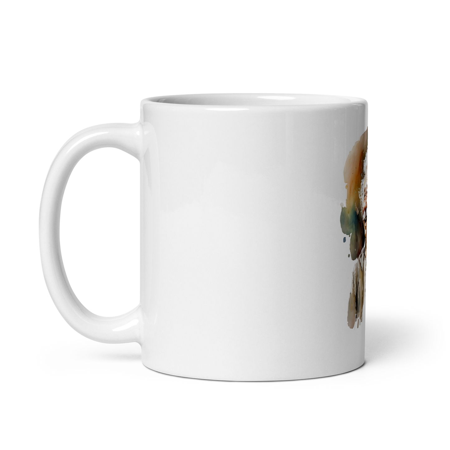 White glossy mug with laughing Einstein