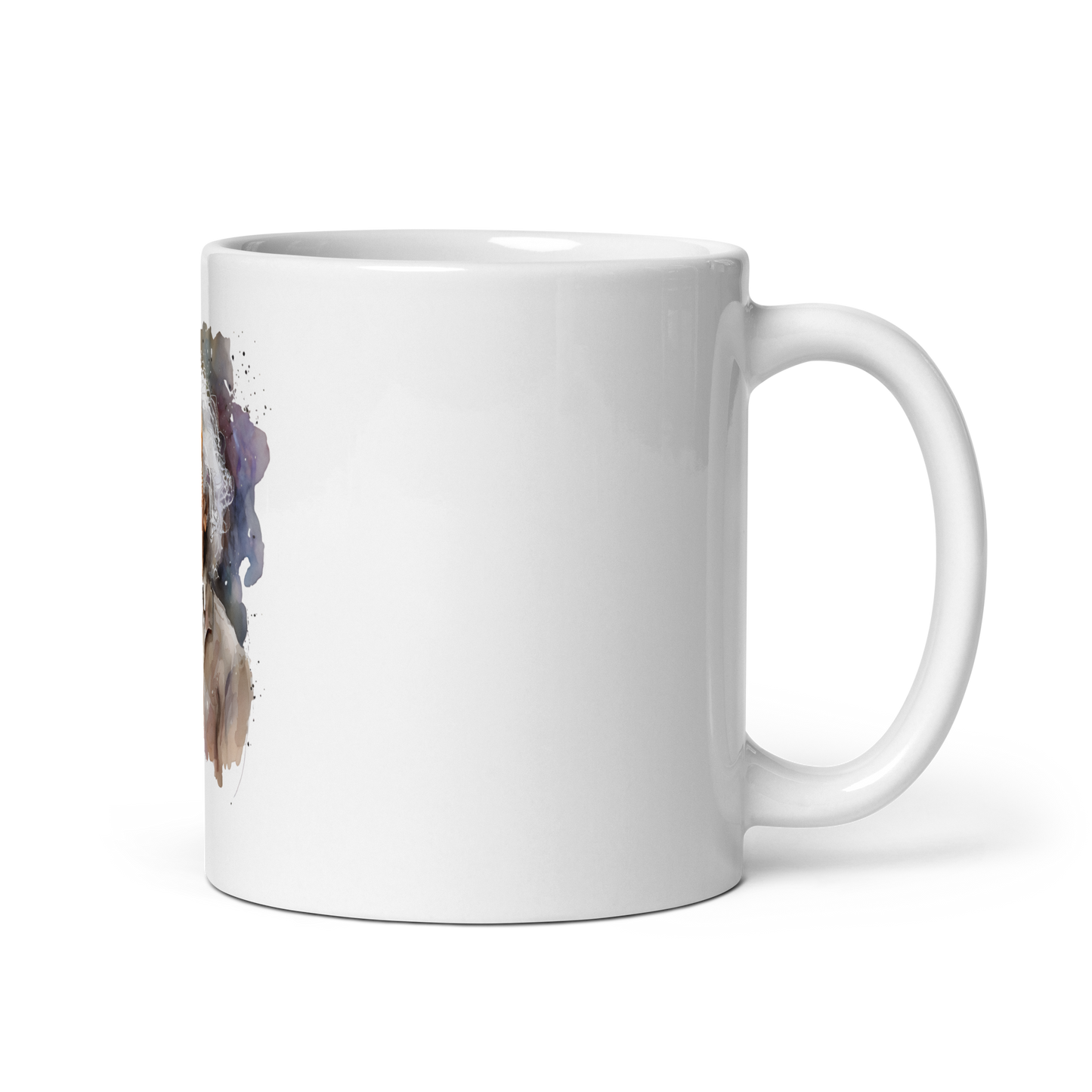 White glossy mug with laughing Einstein