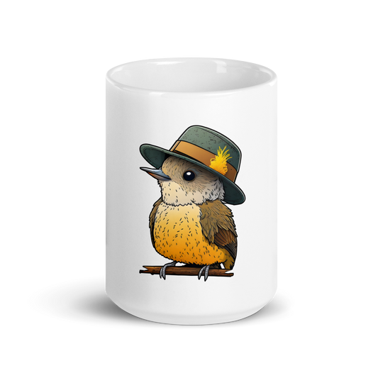 White glossy mug with a cute bird in a hat