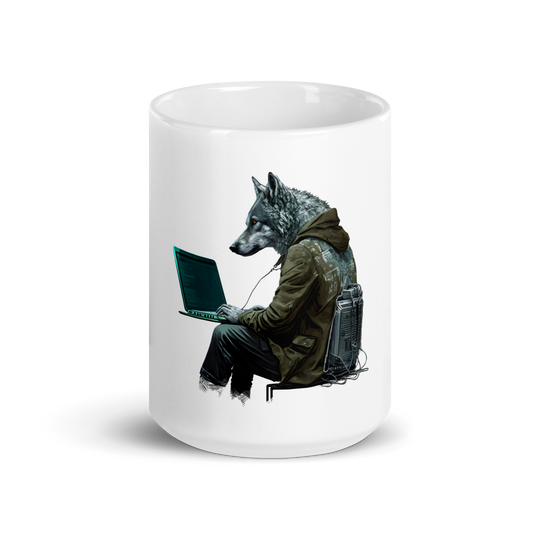 White glossy mug with wolf-programmer, hacker