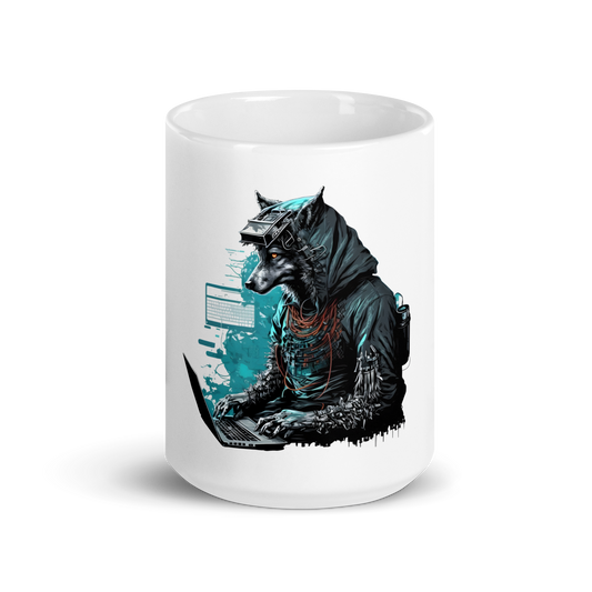 White glossy mug with wolf-hacker, programmer