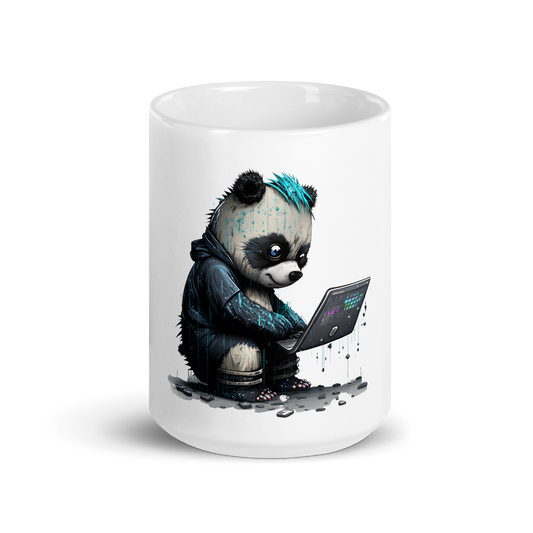 White glossy mug with panda-programmer, coder