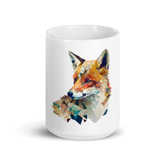 White glossy mug with fox in patchwork style