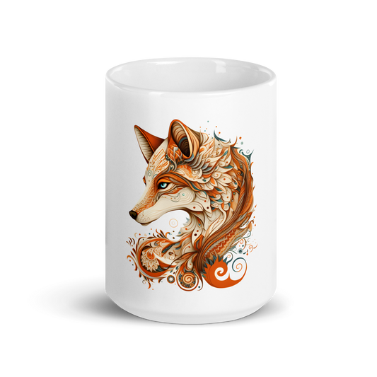 White glossy mug, fox print