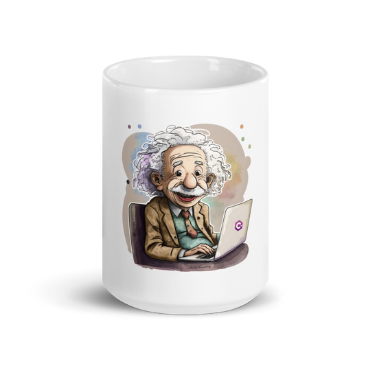 White glossy mug with happy Einstein-programmer