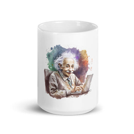 White glossy mug with happy Einstein-programmer