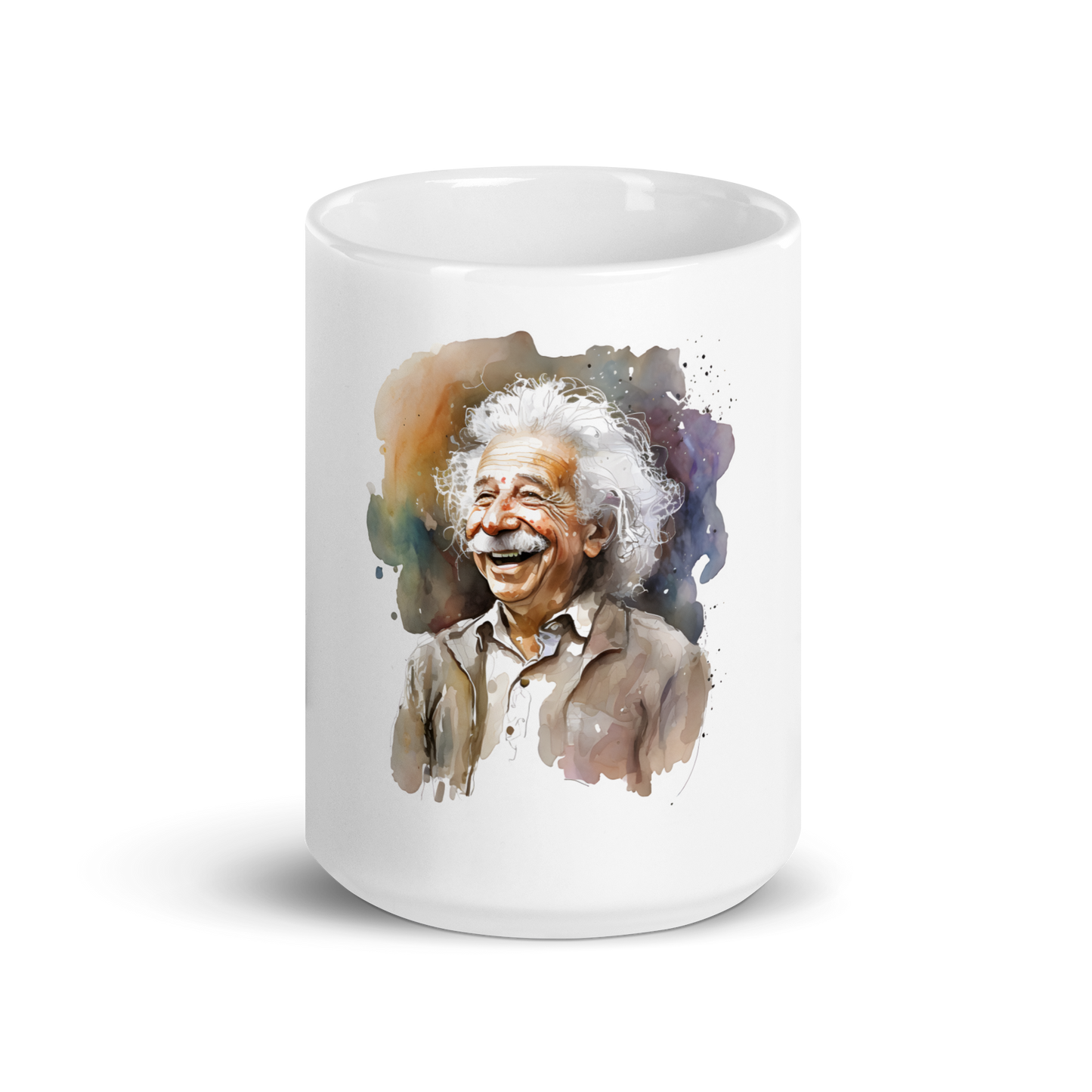 White glossy mug with laughing Einstein