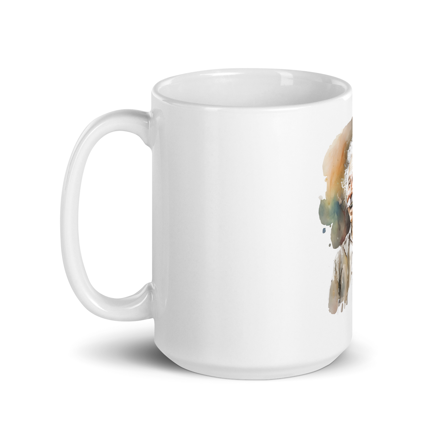 White glossy mug with laughing Einstein