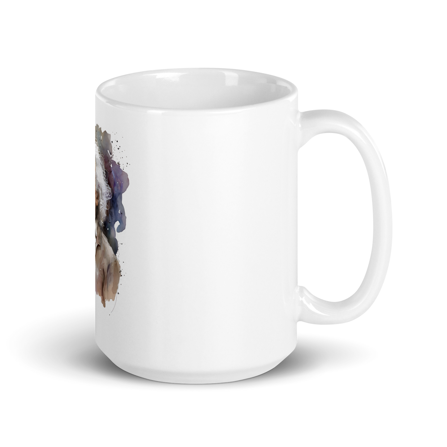 White glossy mug with laughing Einstein